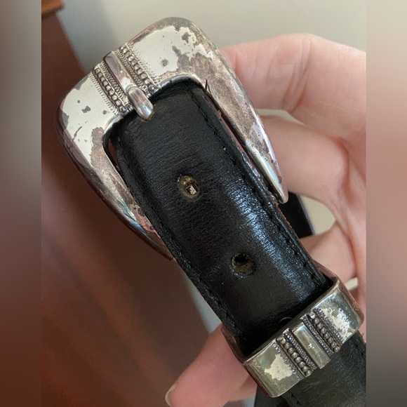 BRIGHTON Black leather LOGAN Onyx belt w/Silver Medallions Golf Scenes Mens 42 - Picture 2 of 11